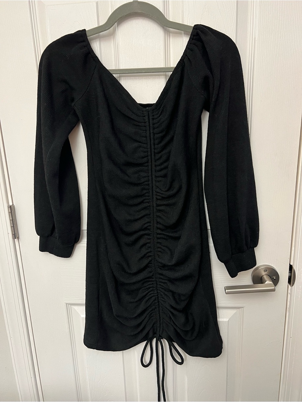 Fashion Nova Black Knit Bodycon Mini Dress Square Neck Puff Sleeve Ruched L
